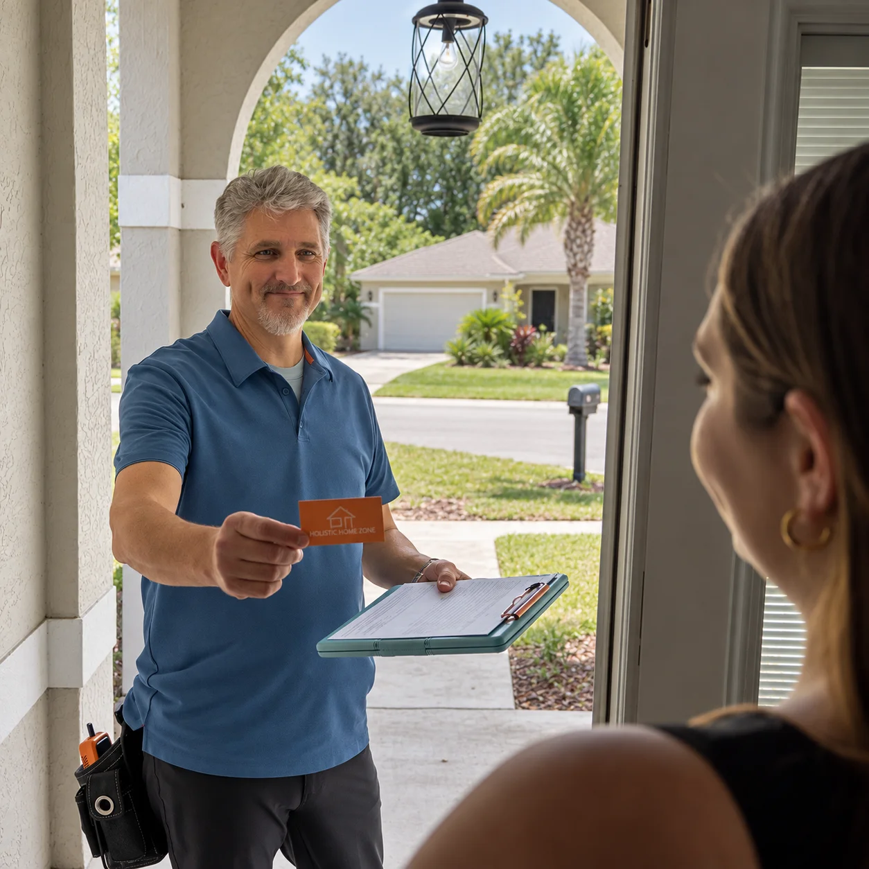Kit Brucker handing a business card to a homeowner at the door